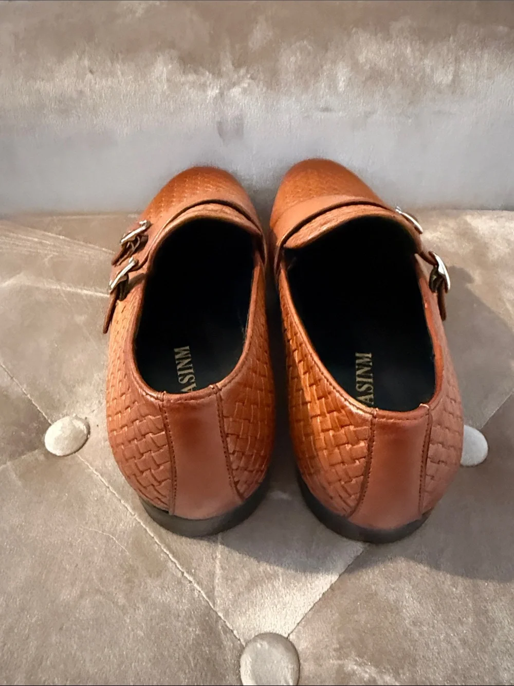 Men's Tan Woven Double Monk Strap Loafers